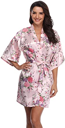 Women's Floral Short Satin Bridesmaid Robes Silky Bride Robes Getting Ready