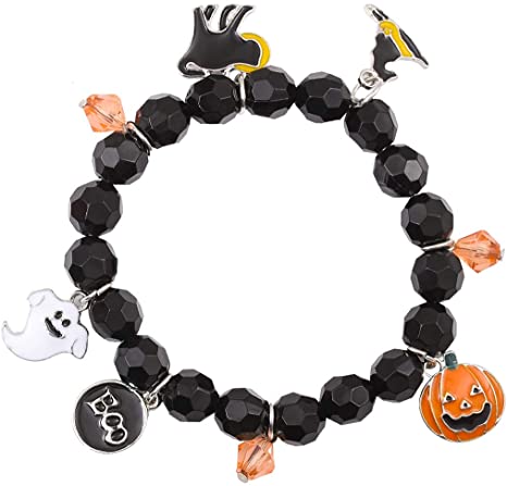 CEALXHENY Halloween Bracelets Ghost Pumpkin Switch Charm Bracelets Gifts Stretch Beaded Bracelets for Women Girls