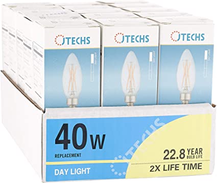 Jtechs 15 Pack LED, 40 Watt Replacement, Daylight Chandelier/Candelabra Bulbs. (B10) Excellent in High Ceiling Chandeliers, Chandeliers in Large Spaces and Fully Enclosed Chandeliers.
