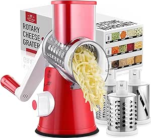 Zulay Kitchen Cheese Grater Hand Crank, Grater For Kitchen With Reinforced Suction - Rotary Cheese Grater With 3 Replaceable Stainless Steel Blades - Easy to Use & Clean - Vegetable Cutter - Red