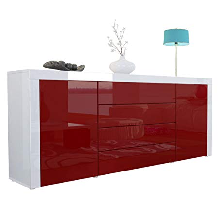 Vladon Sideboard Chest Drawers La Paz, Carcass in White High Gloss/Front in Bordeaux High Gloss a frame in White High Gloss