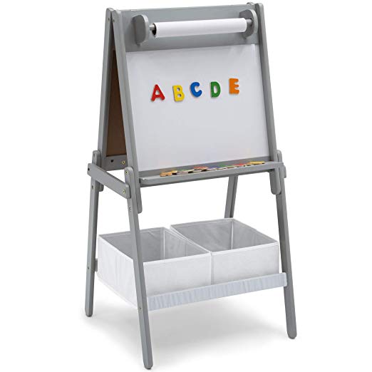 Delta Children Chelsea Double-Sided Storage Easel with Paper Roll and Magnets, Light Grey/White