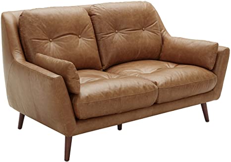 Amazon Brand – Rivet Brooker Down-Filled Mid-Century Love Seat, 65"W, Top Grain Leather, Cognac