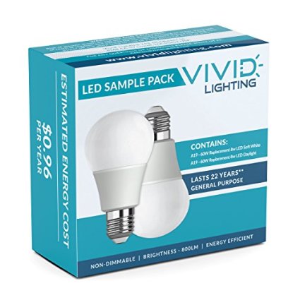 Vivid Lighting LED Bulbs 60 Watt Replacement 8W 800 Lumens 2 Pack Soft White Daylight