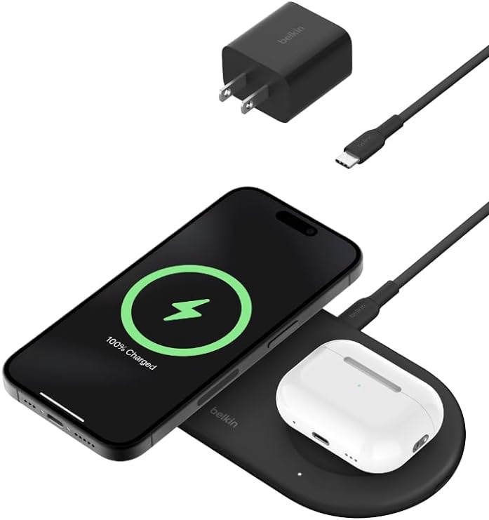 Belkin BoostCharge Pro 2-in-1 MagSafe-Compatible Wireless Charging Pad w/ Qi2 15W   Additional USB-C Port, Fast Charger for iPhone 15, iPhone 14, & iPhone 13 Series, AirPods, and More - Black