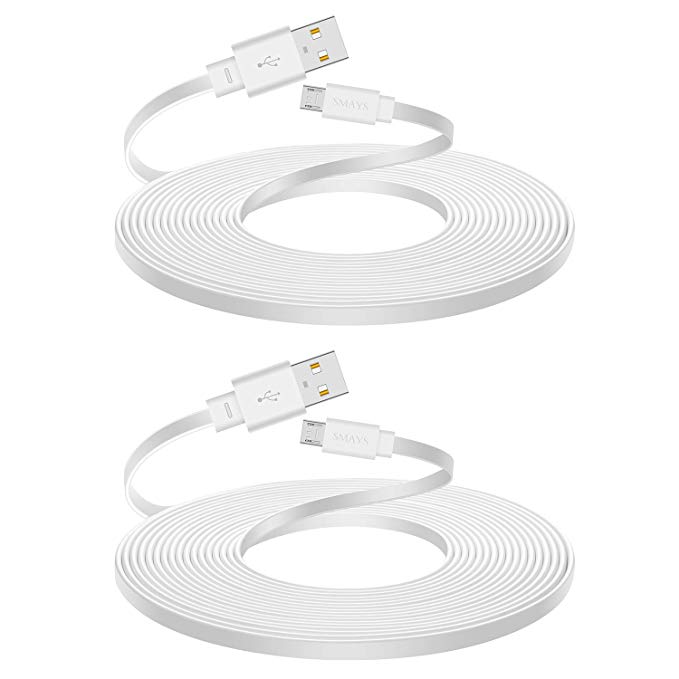 2-Pack 25ft Flat Micro USB Cable for Wyze Cam, Nest Cam, Oculus Go, Yi, Blink Security Camera, White