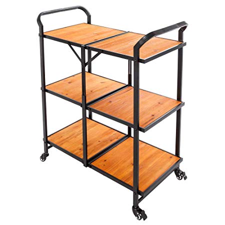 Catwalk 3-Tier Folding Bar Kitchen Utility Storage Cart with 4 Pcs Wheels Serving Wood Rolling Cart