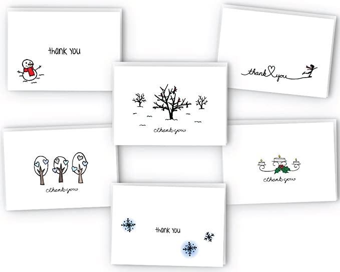 Winter Thank You Note Cards - 24 Cards with Envelopes - Eco 100% Recycled Textured Cards