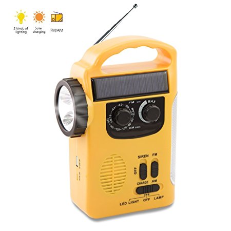 XIAOKOA Dynamo Emergency Solar Hand Crank Self Powered AM/FM/SW NOAA Weather Alert Radio with Solar,Smart Phone Charger Power Bank with Cables, Flashlight and Reading Lamp, YELLOW (RD339)