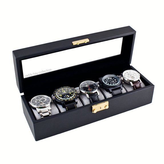 Caddy Bay Collection Compact Black Watch Case Storage Box With Glass Top Holds 5 Watches