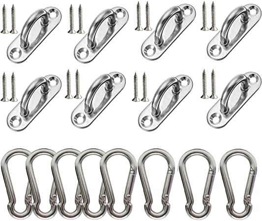 Goiio 1.8 inch Stainless Steel Ceiling Hook Ring Hooks Pad Eye Plate and Snap Hook Marine Hardware Staple Hook Loop with Screws Set of 16.