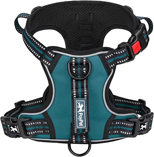 PoyPet No Pull Dog Harness, No Choke Front Clip Reflective Dog Vest with Soft Padded Vertical Handle, 3 Leash Attachments for Small Medium Large Dogs (Tumalo Teal,M)