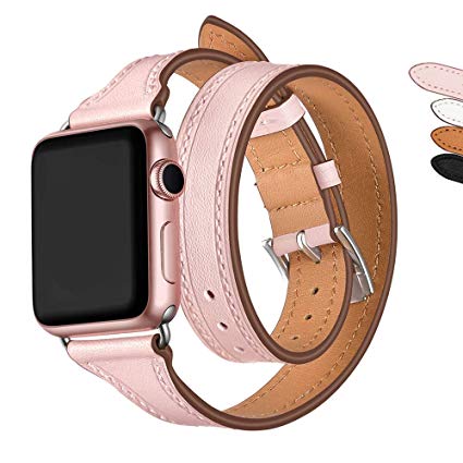 WAfeel Genuine Leather Bands Compatible for Apple Watch 38mm Double Tour T-Shape Designed Thread Slim Replacement iwatch Strap Metal Clasp for iWatch Smart Watch Series3 Series 2 Series 1 (Pink-38mm)