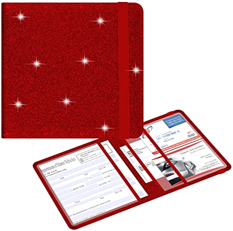 Car Registration and Insurance Holder - Wisdompro Glitter PU Leather Glove Box Organizer Wallet for Document, ID, Driver's License, Essential Information Cards - Bling Red