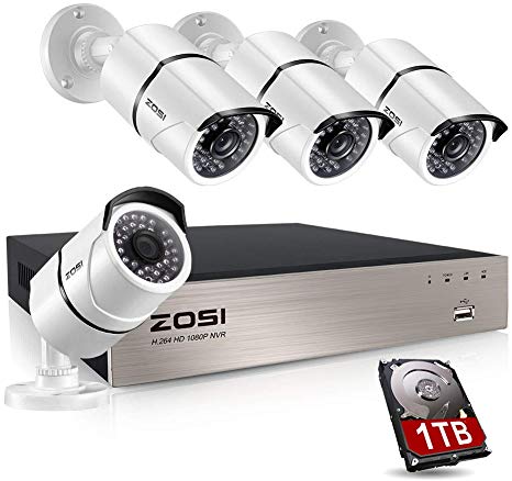 ZOSI 8 Channel 1080P PoE CCTV Camera System (4) 1920x1080P Outdoor/Indoor Home Surveillance Bullet IP Cameras 100ft Long Night Vision,Remote Access,Motion Detection 1TB Hard Drive