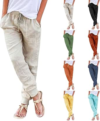 Womens Cotton Linen Jogger Pants Tapered Leg Summer Casual Drawstring Elastic Waist Lightweight Joggers with Pockets