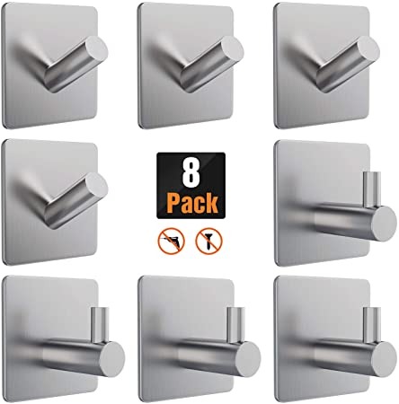 Ouddy Adhesive Hooks 8 Packs Heavy Duty Wall Hooks Hangers Waterproof Stainless Steel Towel Hooks for Hanging in Bathroom Home Kitchen Office Umbrellas, Scarves, Robes, Bags, Hats, Clothes, Keys