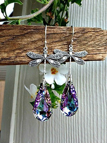 Purple Swarovski® Crystals, Dragonfly silver metal charms, with sterling silver earrings. Handmade jewelry, jewellery. Victorian, Bridal, Bohemian. Fashion, accessories.