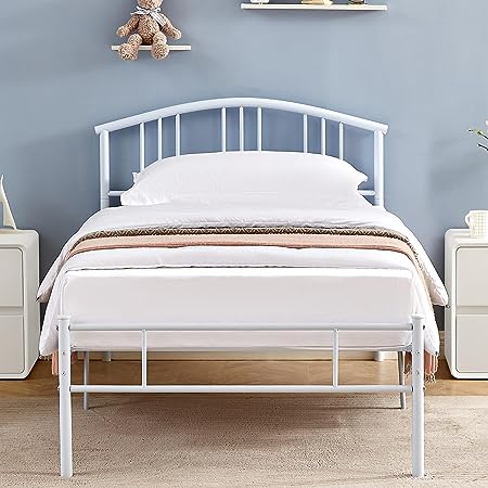 VECELO 14 inch Twin Bed Frame White Beds Metal Platform Mattress Foundation with headboard Footboard Steel Slat Support/No Box Spring Needed/Easy Assembly