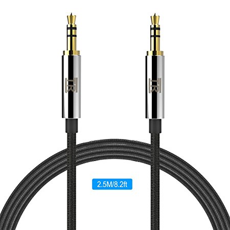 Audio Cable, TechRise 2.5 Meter Nylon Braided Premium Auxiliary Aux Audio Cable Cord for Headphones, iPods, iPhones, iPads, Home / Car Stereos and More - Black