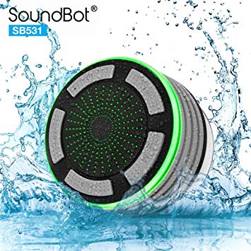 SoundBot IPX7 Waterproof 5W Bluetooth Wireless Shower Speaker with 8Hrs Playback, Built-in FM Radio Tuner, LED, Premium HD Sound, Water Weather Resistant Portable Speakerphone, SB531 (Grey)
