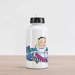 Ambesonne Alice in Wonderland Aluminum Water Bottle, Alice Reading Book Cat Colorful World Happiness Love Character Image, Insulated Spill-Proof Travel Sports Water Bottle, 16.9 OZ, White Purple