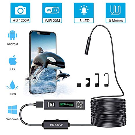 MingBin Wireless Inspection Camera, 10M WiFi Endoscope 2.0 Megapixel 1200P HD Borescope Camera,Waterproof Tube Snake Camera with 8 LED Lights for IOS Android Smartphone,Tablet