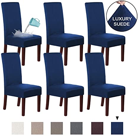 H.VERSAILTEX Suede Dining Room Chair Covers Dining Chair Slipcover Parsons Chair Slipcover Velvet Chair Covers for Dining Room Set of 6, Soft Stretch Removable High Back Chair Protector, Navy