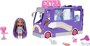 Barbie Extra Mini Minis Doll and Vehicle Playset, Expandable Tour Bus with Small Doll, Clothes and Accessories