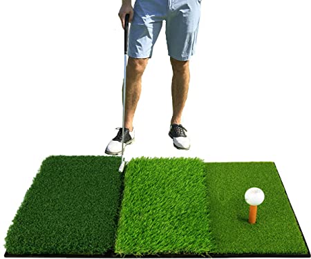 KOMEI 25" 17" Tri-Turf 3-in-1 Foldable Golf Hitting Mat - Rubber Base Practice Mat Portable Driving, Chipping, Training Aids Ideal for Indoor & Outdoor (25" x 17")