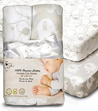 100% Organic Cotton Sheets for Pack 'n Play and other Portable/ Mini Cribs, Gray/White Unisex 2 Pack, Playard or Mattress