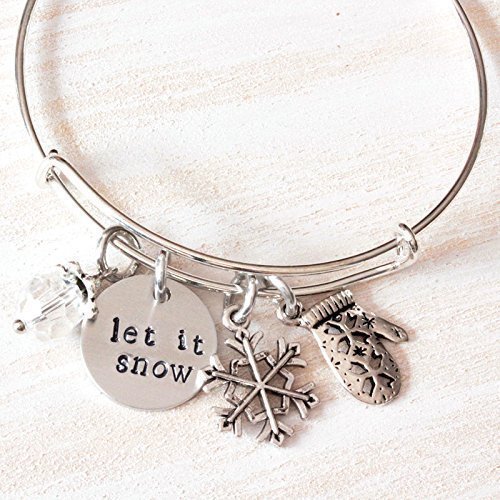 Let it Snow, Bangle Bracelet, Hand Stamped Snowflake Winter Jewelry