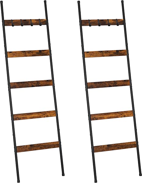 ELYKEN 2 Pack Blanket Ladder for Living Room, Farmhouse 5-Tier Quilt Holder with 4 Removable Hooks for Bathroom, Rustic Brown Wood Towel Rack Display, Wall Anchor Leaning Decorative Stand for Decor