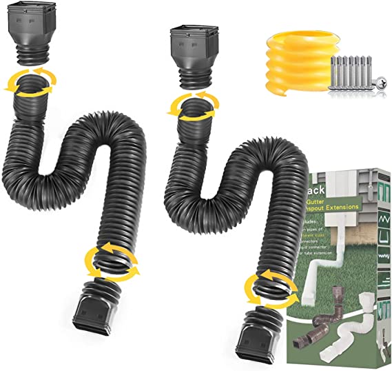 NAACOO 2 Pack Gutter Downspout Extensions, Downspout Extender - Rain Gutter Downspout Extension Set, 58 in   65 in Flexible/Shapeable Drain Pipe with Gutter Connector & 8pcs Screws(Black)