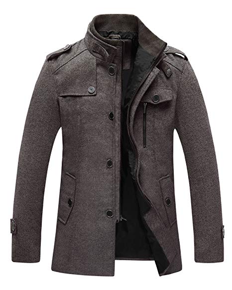 Wantdo Men's Wool Blend Jacket Stand Collar Windproof Pea Coat Grey