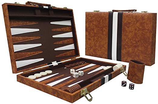 Sun Flair Backgammon Set Leatherette 15 inch, Folding Classic Board Game, Smart Tactics Premium Best Strategy, Tip Guide Enclosed, Brown 135M-1