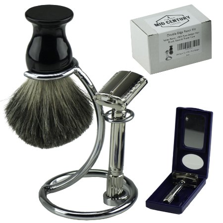 Safety Razor Shaving Kit: Double Edge Razor, Pure Badger Brush, Heavy Chrome Stand with Travel Case; Complete Wet Shave Gift Set