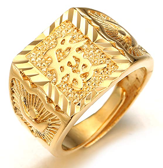 Halukakah ● Gold Bless All ● Men's 18K Gold Plated Kanji Ring Rich/Luck/Wealth Set Size Adjustable with Free Giftbox