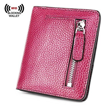 S-ZONE Women's Genuine Leather RFID Blocking Bifold Pocket Small Wallet Coin Holder