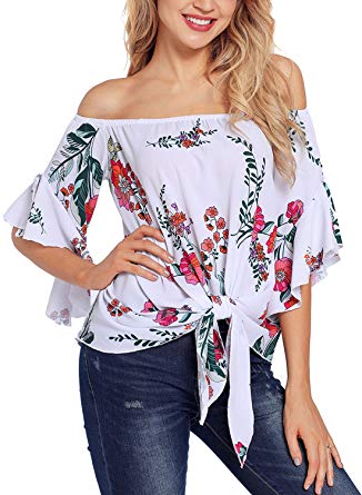 FARYSAYS Women's Striped 3/4 Bell Sleeve Off The Shoulder Front Tie Knot T Shirt Tops Blouse