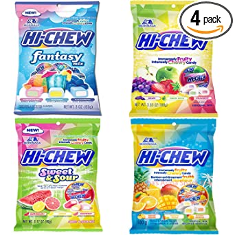 Hi Chew Candy Variety Pack - 4 Different New Assorted Flavors Fantasy Mix, Original Mix, Tropical Mix Sweet and Sour Flavor, Japanese Candy Pack of 4