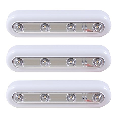 Touch light 4 LEDs DIY Stick-on Anywhere Tap Battery Operated Switch Push Night Light For Closets Cabinet KULED K04 (White 3pack)