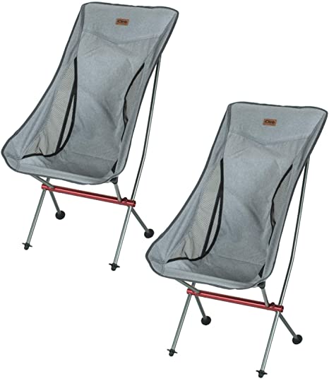 iClimb Ultralight Compact Folding Chair with Anti-Sinking Large Feet and Alu. Joints for Adults Camping Backpacking Beach (Grey - High Back - 2PC)