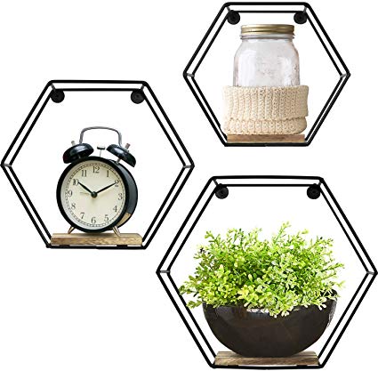 Greenco Geometric Hexagon Shaped Mounted Floating, Home Decor, Metal Wire and Rustic Wood Wall Storage Shelves for Bedroom, Living Room, Bathroom, Kitchen and Office – Set of 3