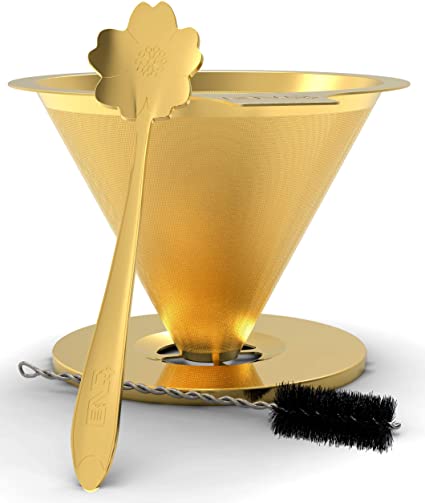 BND  Gold Coffee Dripper, Cone Woven Stainless Steel Coffee Filter, Slow Drip Coffee Dripper, Reusable Pour Over coffee Filter, Paperless Filter With Cleaning Brush