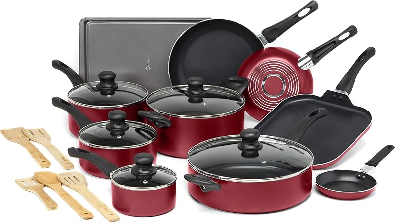 Ecolution Easy Clean Nonstick Cookware Set, Dishwasher Safe Kitchen Pots and Pans Set, Comfort Grip Handle, Even Heating, Ultimate Food Release, 20-Piece, Red