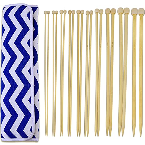 Blulu 20 Pieces 10 Sizes Bamboo Knitting Needles Set Single Pointed Needles Kit with Needles Pouch Case, 14 Inch (3 mm to 10 mm)