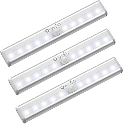 OxyLED Motion Sensor Closet Lights, Cordless Under Cabinet Lightening, Wireless Stick-on Anywhere Battery Operated 10 LED Night Light Bar, Safe Lights for Closet Cabinet Wardrobe Stairs (3 Pack)