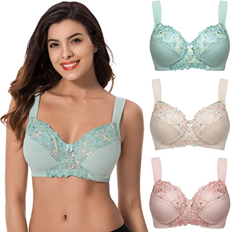 Curve Muse Plus Size Minimizer Unlined Wirefree Bra with Lace  Embroidery-3Pack