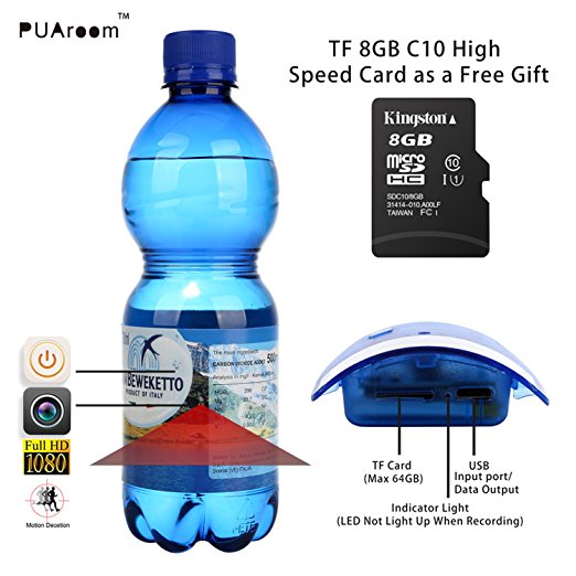 PUAroom 8GB Mini Camera HD 1080P Potable Real Water Bottle Camera Indoor Outdoor Mini Recorder Spy Cam Hidden Camera with Motion Activated Detection 8GB SD Card As Gift